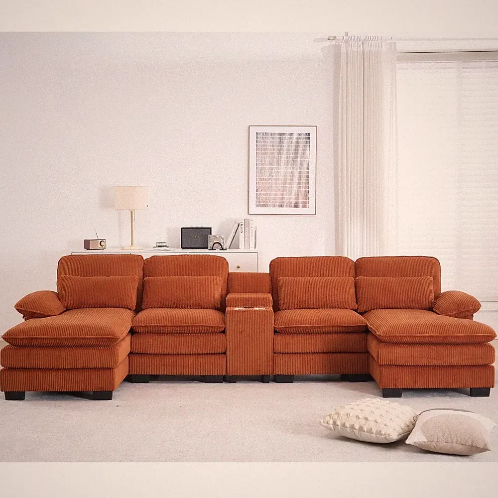 124" Black Corduroy U-Shape Sectional Sofa Cloud Couch w/ Console & Cup Holders