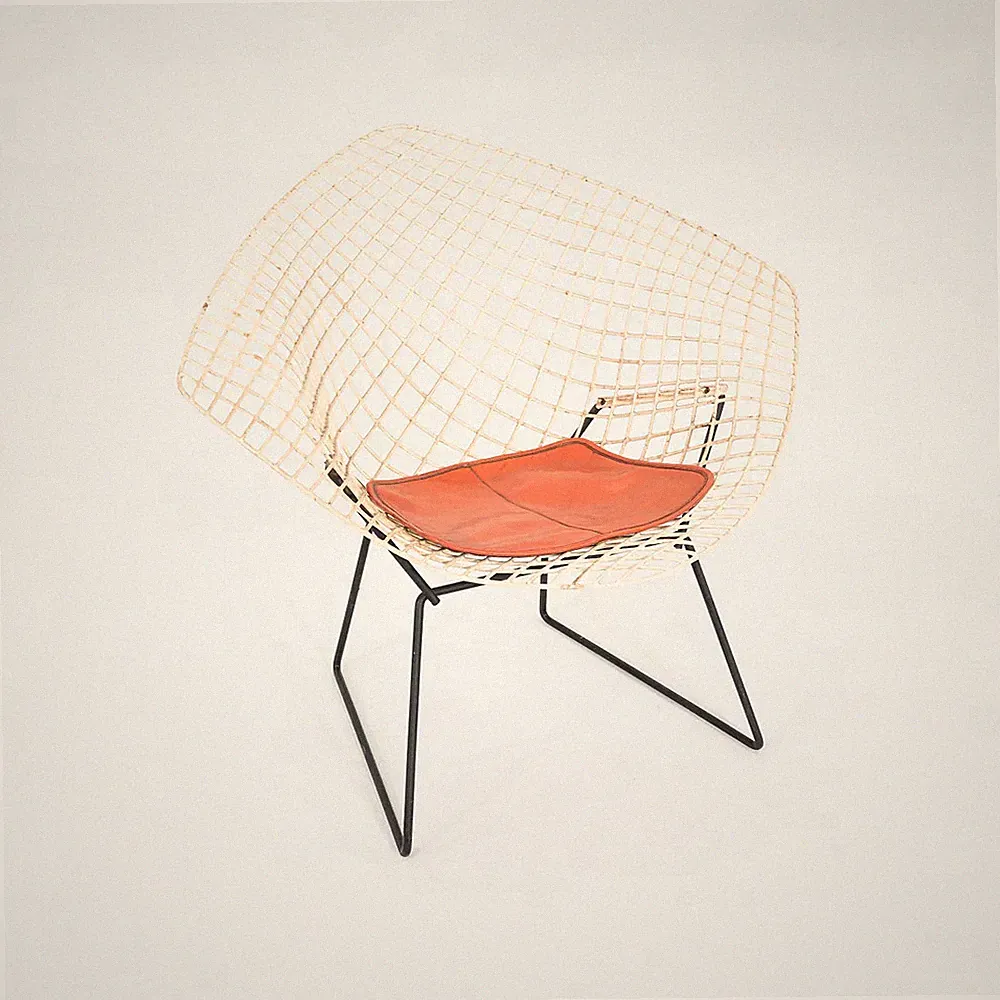 1960s Harry Bertoia Knoll Diamond Lounge Chair Black & White w/ Orange Seat Pad