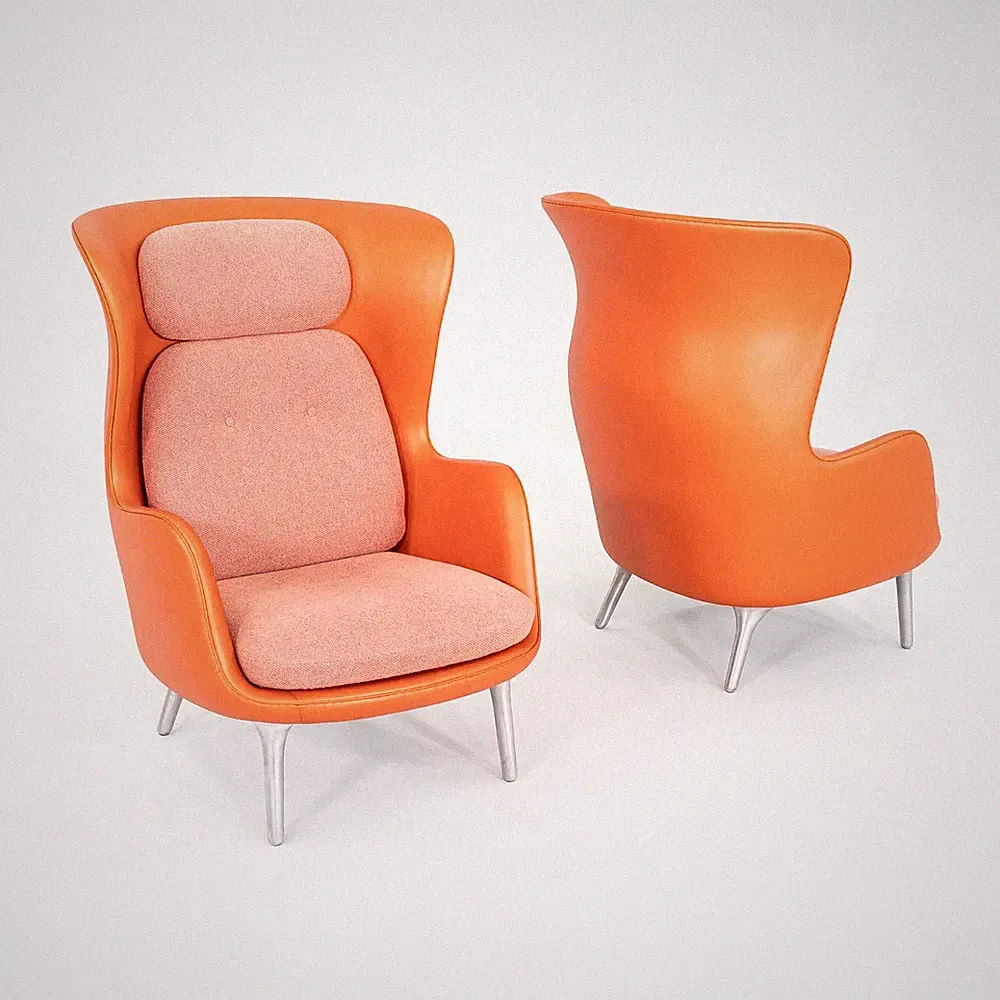 2023 Jaime Hayon Fritz Hansen Ro Lounge Chair Orange Leather & Fabric 2x Avail