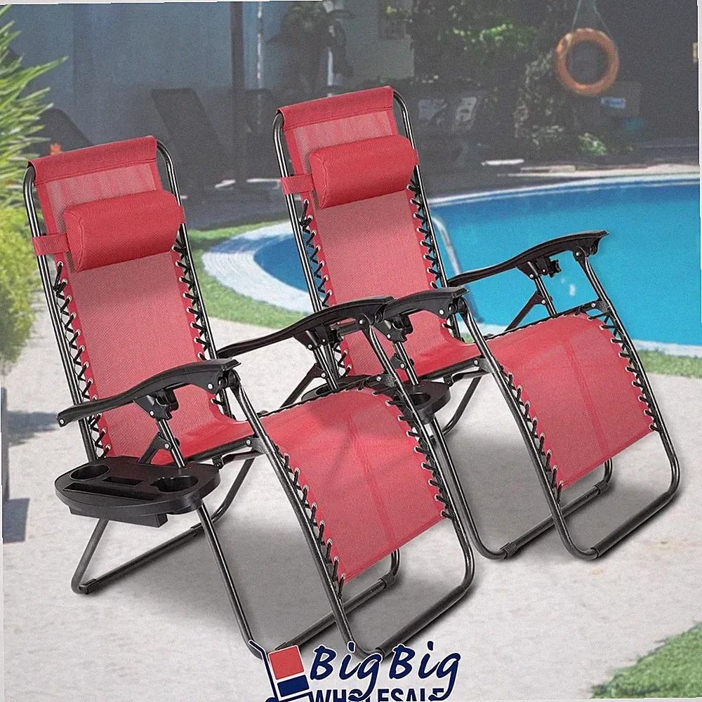 2PC Zero Gravity Chair Folding Outdoor Patio Beach Recliner Mesh Cup Holder Tray