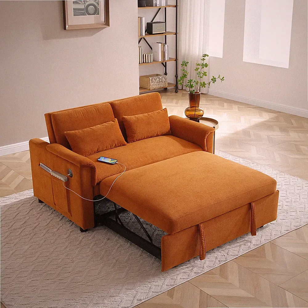 55" Velvet Two Seater Pull Out Sofa Bed, Adjustable Backrest With USB Ports