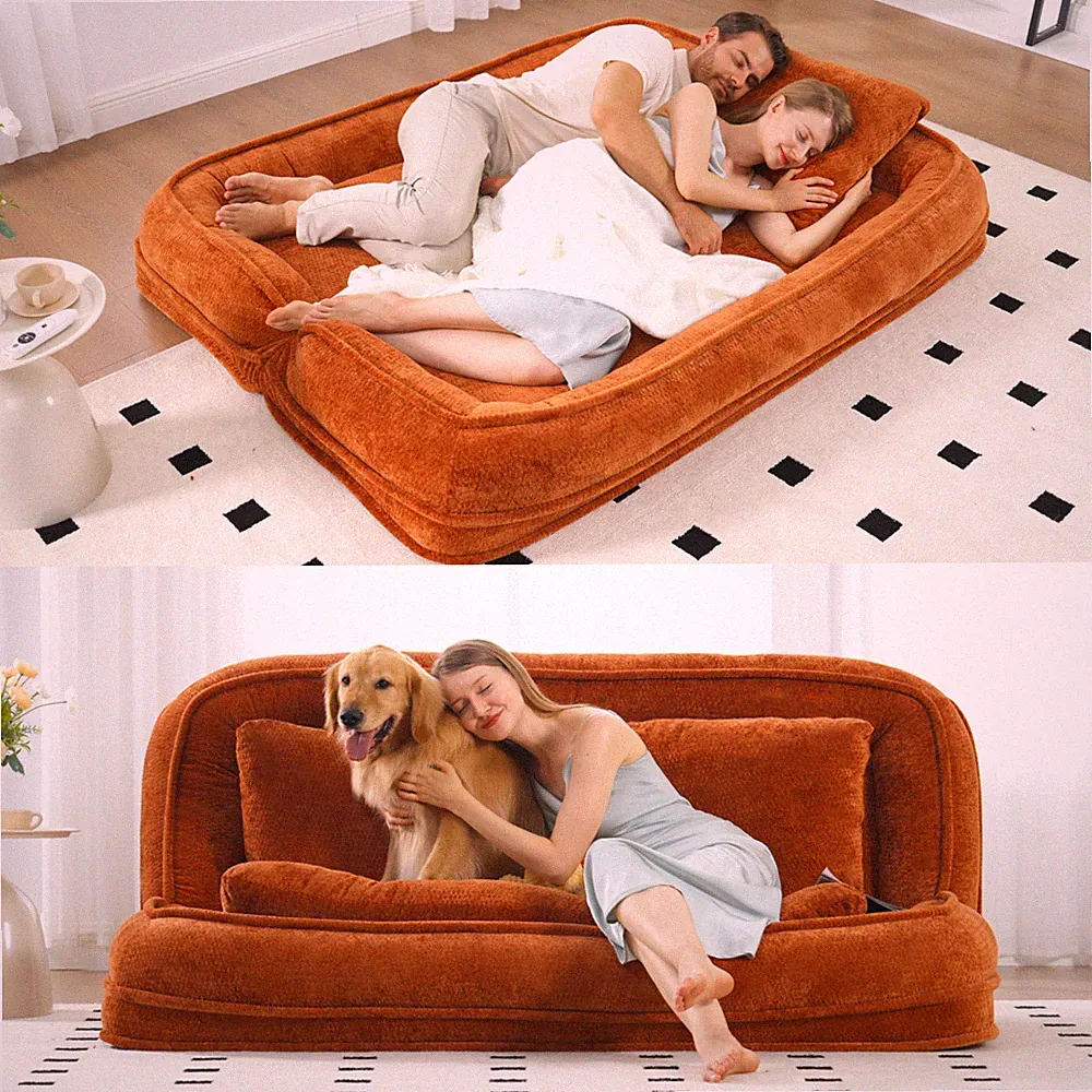 Adjustable Reclining Loveseat Sleeper Floor Couch, Chenille, Orange