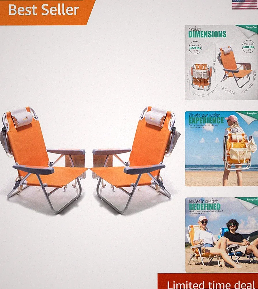 Beach Chairs for Adults 2 Pack 5 Position Lay Flat, Portable Folding Backpack...