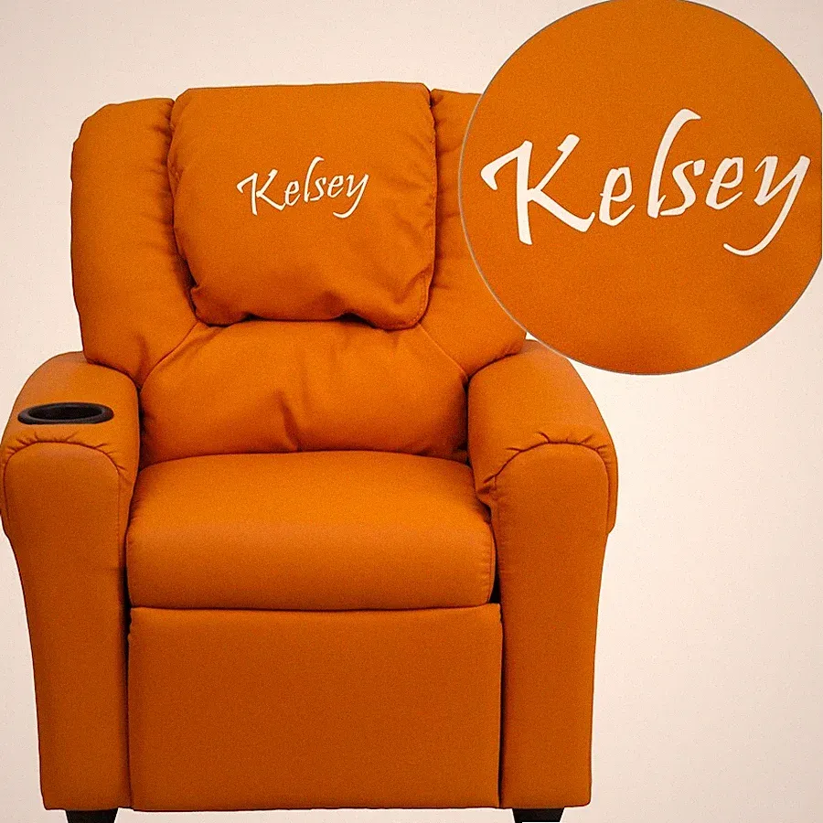 Flash Personalized Orange Vinyl Kids Recliner/Cup Holder and Headrest