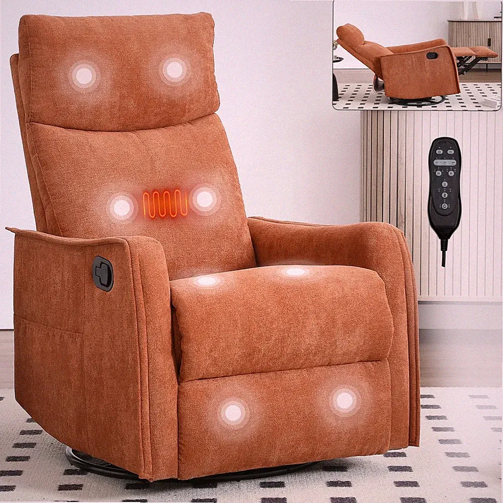 Heat Massage Orange Manual Recliner Chair Rocker, Swivel,Fabric,For Living Room