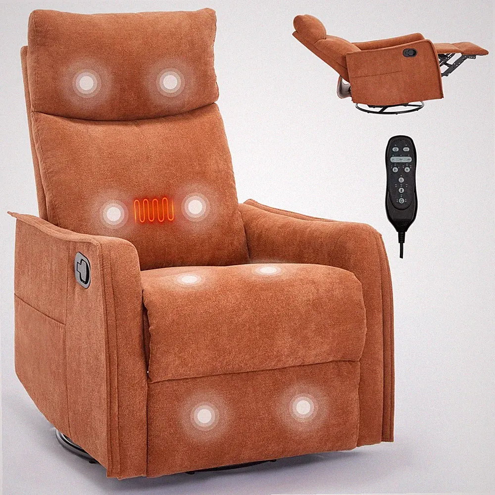 Heat Massage Manual Recliner Chair 360° Swivel Rocker Fabric Orange 155° Recline