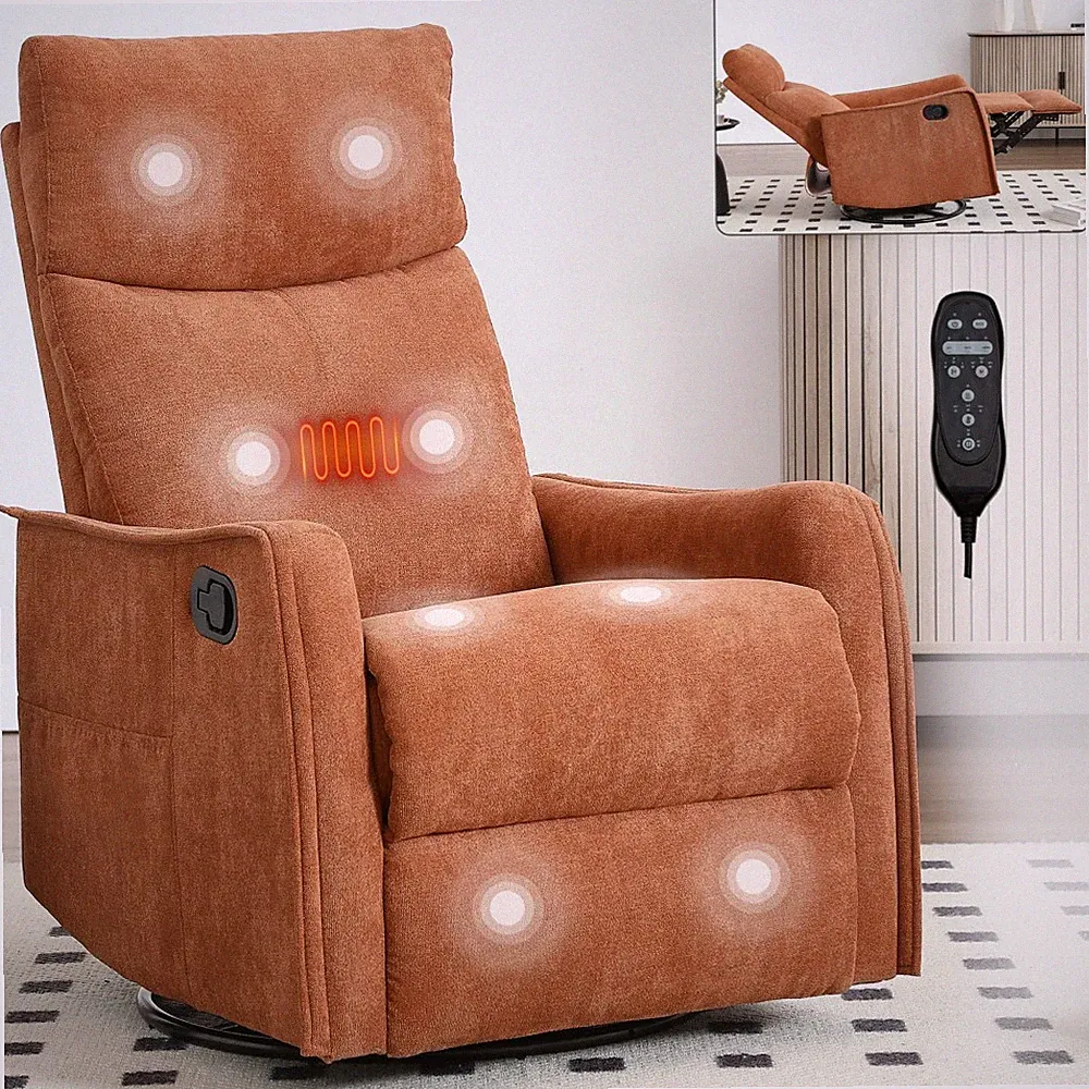 Heat Massage Manual Recliner Chair W/ Rocker and Swivel in Fabric Fo Living Room