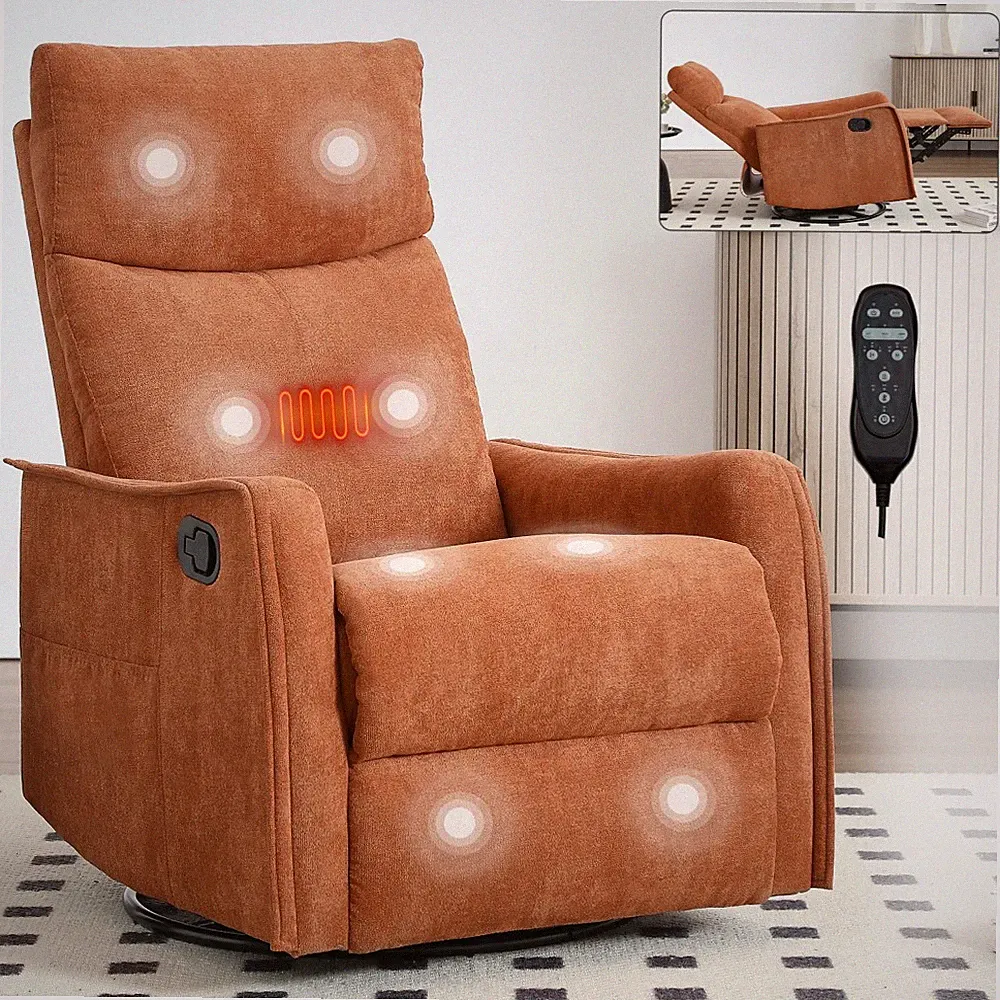 Heat Massage Rocker Recliner Chair 360° Swivel Fabric for Living Room