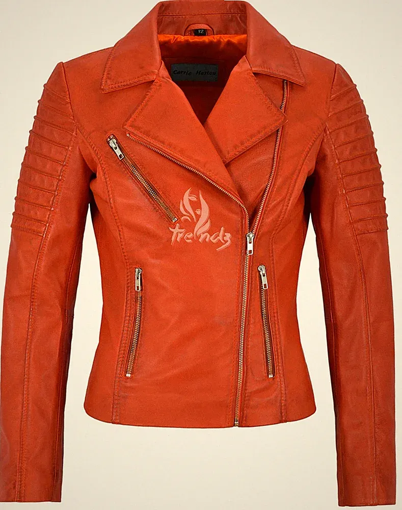 Ladies Stylish Jacket Orange Biker Style Fashion Real Napa Leather Jacket 9334
