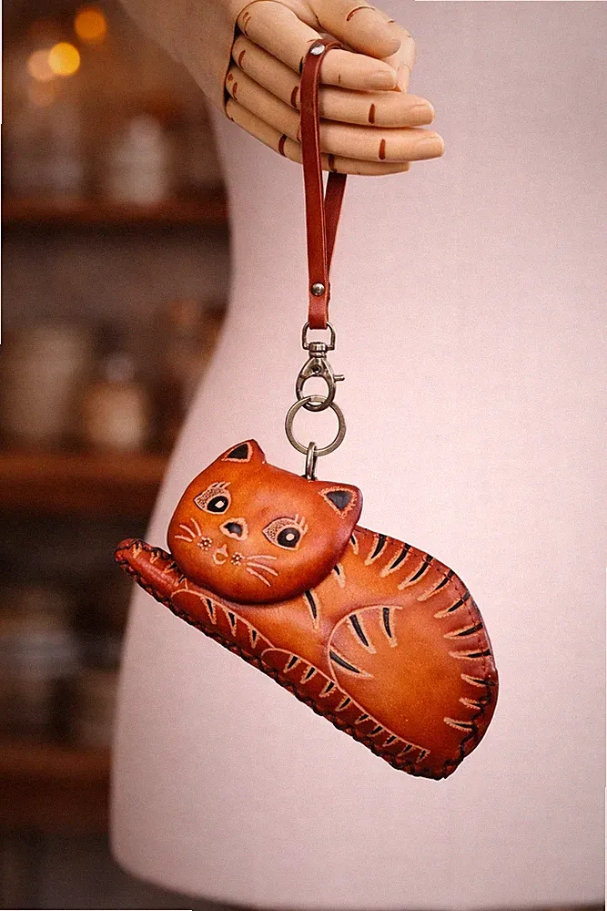 Leather Cat Coin Pouch Wristlet Orange Tabby Reclining Design