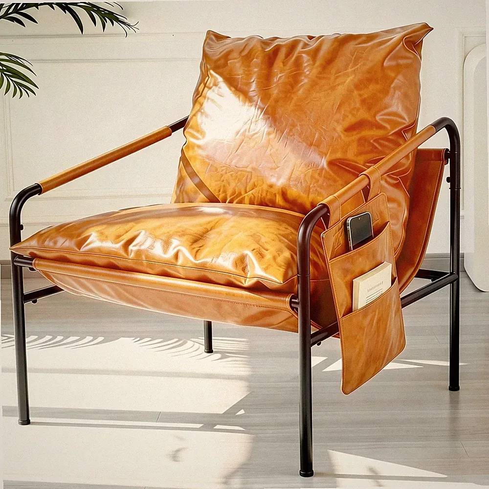 Modern Bright Orange Oversized Faux Leather Chair, Recliner Armchair, Comfy A...