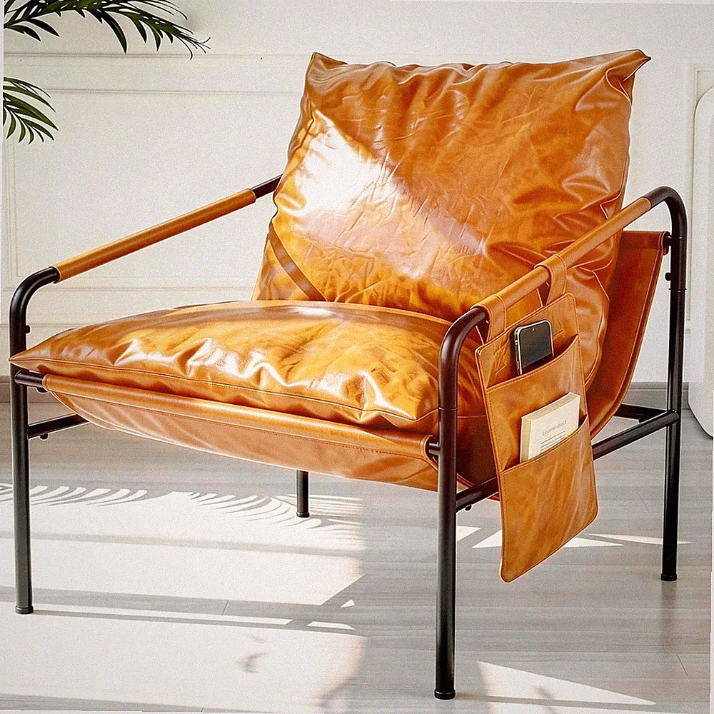 Modern Bright Orange Oversized Faux Leather Recliner Armchair, Comfy Accent Chai