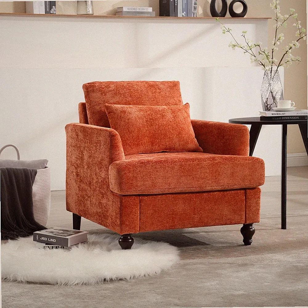 Modern Orange Accent Chair Upholstered Lounge Armchair with Solid Wood Frame