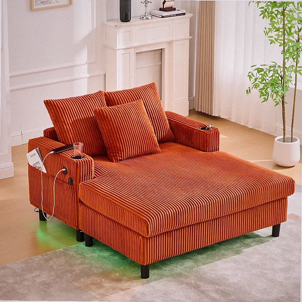 Oversized Corduroy Chaise Lounge Chair w/ USB Ports LED Light Strip & Cup Holder