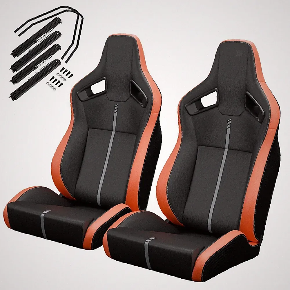 Pair of Universal PVC Leather Reclining Seats with Red Stitching, Adjustable
