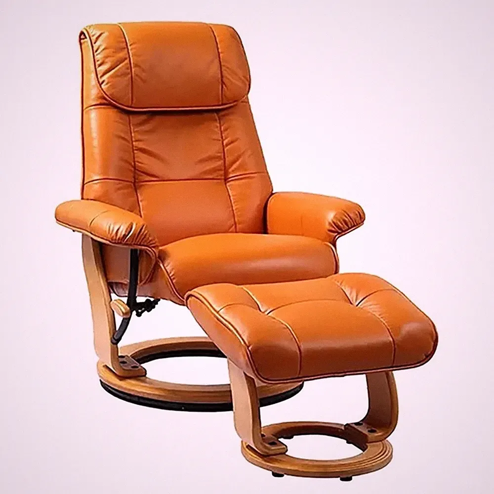 Pemberly Row Contemporary Orange Leather Swivel Recliner with Matching Ottoman
