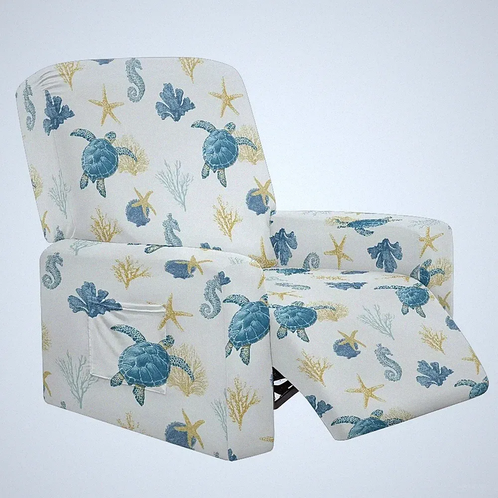 Turtle Seahorse Starfish Coral Print Recliner Slipcovers with Arms 4 Pieces L...