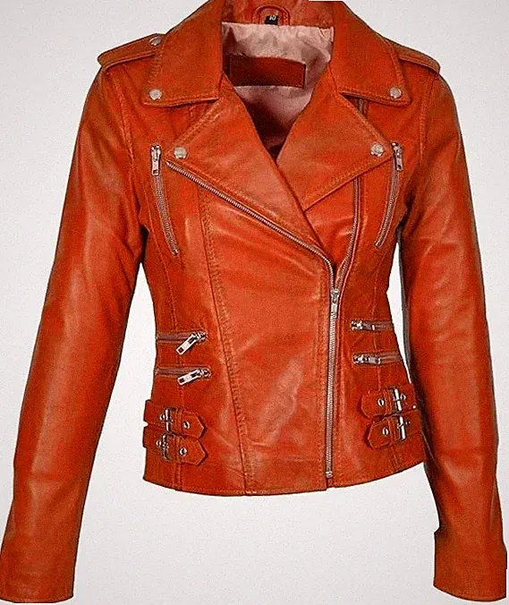 Women’s Genuine Real Leather Motorcycle Biker Jacket with Buckled Design