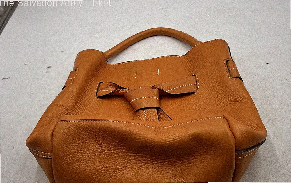 Womens Orange Genuine Leather Knotted Front Top Handle Bucket Bag